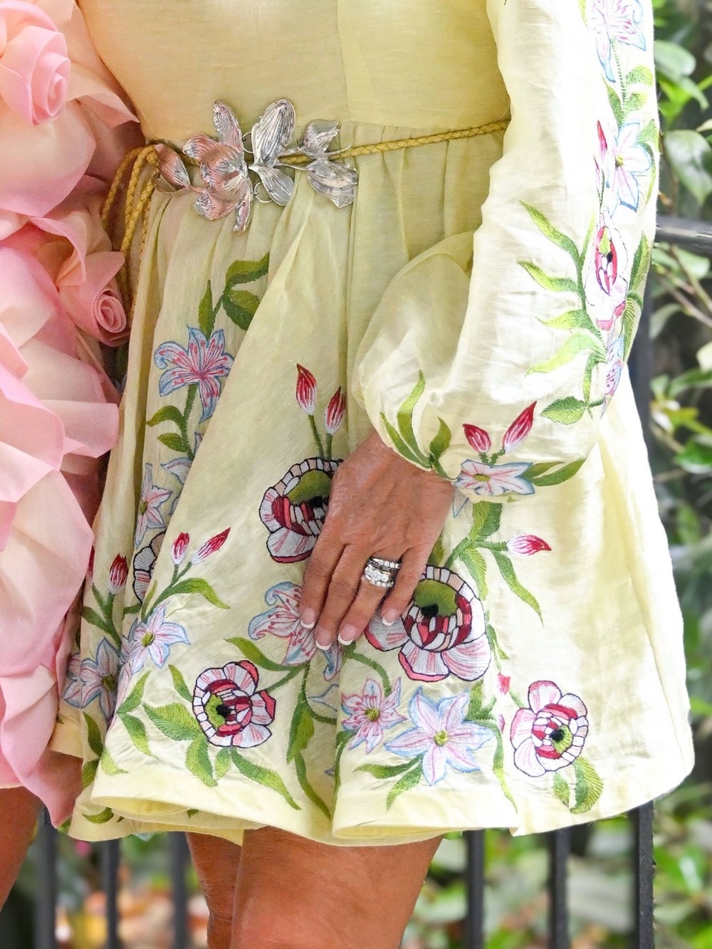 Light Yellow Floral Embroidered Mini Dress with Metallic Waist Accent - Picture 2 of 2